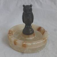 Vintage Circular Pewter Owl Hand Carved Alabaster Tray 3.5 inch H - Home Office Trinket Dish Papercl