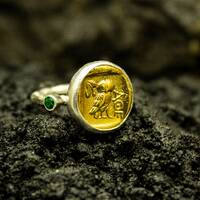 Athena Owl Coin Signet Ring | 24K Gold Plated 925 Sterling Silver | Ancient Greek Owl Ring | Goddess