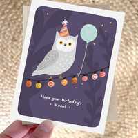 Owl Birthday Card, Punny Fall Halloween Birthday Card - Hope Your Birthdays a Hoot, Night Sky Party 