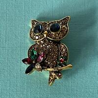 Rhinestone owl brooch, gold owl pin, multi colored owl pin rhinestone bird brooch rainbow owl brooch