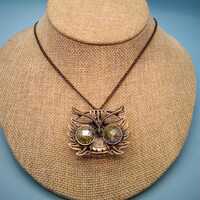 Jewelry, Owl Watch Head Necklace, Faceted Lucite Cabachon, Sparkled Eyes, Steam Punk, Antiqued Metal