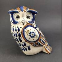 Mexican Tonala Owl Figurine, Made in Mexico Vintage Hand Painted Folk Art Sculpture 5.25"