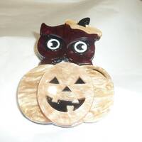 Quirky Halloween Pumpkin and  owl brooch Unusual Design