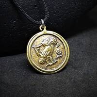 Owl of Athena Pendant, Antique Brass Greek Coin Necklace