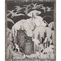 Owl Blanket, Woven Blanket, Owl Decor, Vintage Blanket, Black White Blanket, Owl Gift, Owl Tapestry,