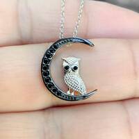 Sterling Silver Owl Necklace: Black CZ Crescent Moon, Wiccan Jewelry