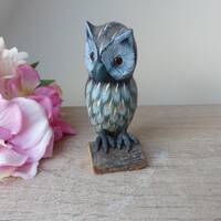 Ancienne Statuette Figurine Chouette Hibou en Bois Sculpté sur Socle Ecorce de Bois Vintage D
