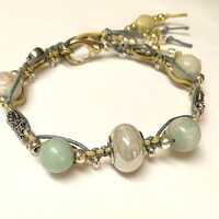 Amazonite Silver Owl Moon Macrame Bracelet, Moon Owl Light Green Stone Bracelet, Light Green Amazoni