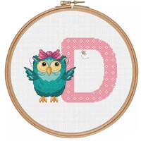 Owl Children Monogram letter D - PDF cross stitch pattern - Cross Stitch Initials D - Baby Girl Alph