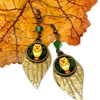 Fall Autumn Yellow Orange Black Owl Glass Bronze Cabochon with Textured Brass Leaves and Green Cryst