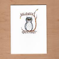 Owl Halloween card, Illustrated Halloween card