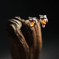 Tiny Owl Amber Stud Earrings, Natural Baltic Amber Jewelry, Sterling silver studs, Romantic Jeweller