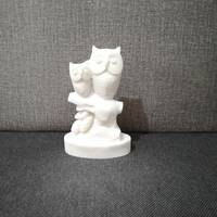 Owl & Her Baby on a Branch Athena Goddess Symbol 13.5cm-5.3in Alabaster Handmade Sculpture White