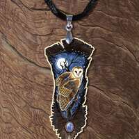 Barn Owl Witchy Cabochon Printed Wood Feather Pendant