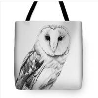 Barn Owl in charcoal- tote bag, black and white fine art drawing, bird of prey, farmhouse apparel, c