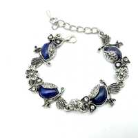 Vintage Silver Tone & Faux Blue Lapis Owl Link Bracelet - 7-9" Adjustable