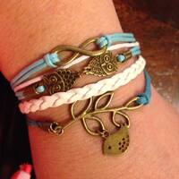 Owls Leather Charm Bracelet,Jewelry, Girl, Birthday, Gift. Charm, Braided,cross,infinity,Love Anchor