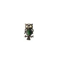 Vintage 1970s Owl Brooch Pin. Faux pearl eyes, faux jade body, aged brass.