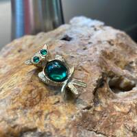 Vintage Gold Owl Brooch With Green Eyes and Chest.