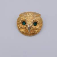JEANNE Owl Pin Green Rhinestone Eyes - Fabulous