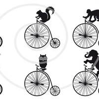 Cat, owl, bird, chipmunk, elephant, monkey with vintage bicycle, unicycle, digital clip art, commerc