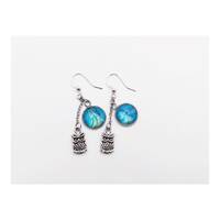 Blue, green, paint earrings, owl charm