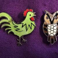 Jerónimo Fuentes Sterling and Enamel Rooster and Owl Brooches