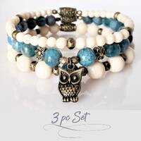 Womens Owl Bead Bracelet 3pc Set - Natural Gemstone Stretch Bracelets | Apatite - Riverstone Jasper|