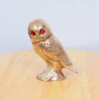 Owl sculpture || vintage solid brass figurine of a bird || with Red plastic eyes