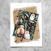 Handmade Owl Fiber Art Card: Burlap & Silver Charm Greeting Card