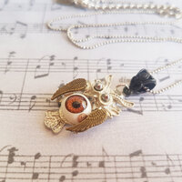 Gothic Steampunk Silver owl Bronze wings eye ball cabochon charm pendant necklace