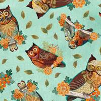 Owl Arabesque Tossed Owls Aqua Fabric Yardage, David Galchutt, Quilting Treasures, Cotton Quilt Fabr