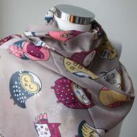 Little Owl Long Scarf, Little Owl Shawl, Organic Cotton Scarf, Owl Design Scarf, Cotton Fabric, Fash