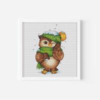 Cozy Owl in Winter Wonderland, Bird Cross Stitch Pattern, Christmas Hand Embroidery, Cute Owlet Wint