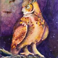 Owl Watercolor, Spooky Night Owl, Purple Gold Owl, Moonlit Owl Print, Owl Moon Print, Halloween Owl,
