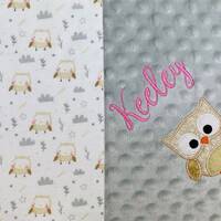 Personalized Owl Baby Blanket, Neutral Tone Owl Print Flannel-Minky Blanket w/Name, Custom Owl Blank