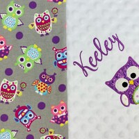 Personalized Purple Owl Baby Blanket, Colorful Owl Print Flannel-Minky Blanket w/Name, Custom Owl Bl