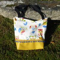 Sac cabas / sac de plage hiboux chouettes multicolores coton et simili cuir jaune moutarde