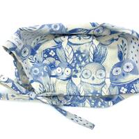 Blue owl TIE BACK scrub cap, adjustable surgery hat, medical hair cover for healthcare doctor, vet, 