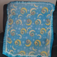 Owls, moon and stars on baby blue minky fleece, Infant crib blanket with blue/white satin trim