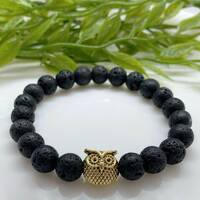 Black lava bracelet/Healing bracelet/Owl charm/Gift for her/him/8mm beads