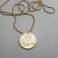 Athena Owl Coin Necklace: 1973 Greek Drachma, Phoenix Rising