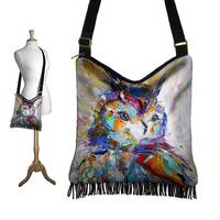 KT Impressionist Owl Art Bag Bohemian Fringe Purse Owl Gifts Hippie Bag Boho Hobo Bag Cross Bod