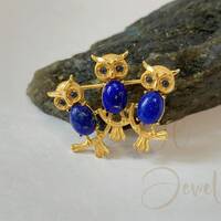 Vintage Owls Brooch Pins ,Blue Lapis Lazuli Gemstone Brooches,925 Sterling Silver Gold Vermeil,Weddi
