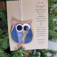 Handmade Owl Pin: Fabric Christmas Ornament, Package Topper