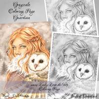 Grayscale Coloring Page Guardian Girl Barn Owl Wings Feather Fantasy Woman Zindy Nielsen