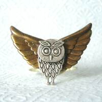 Silver Owl ring with wings, adjustable ring