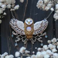 Barn Owl Opalite Necklace: Polymer Clay Bird Pendant