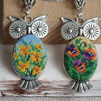 Embroidered Owl Necklace: Pansies or Daffodil Pendant, Floral Jewelry