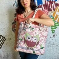 Personalized Owl Designed Linen Shopping Bag, Sustainable Canvas Fabric Market Tote, Reusable Linen 